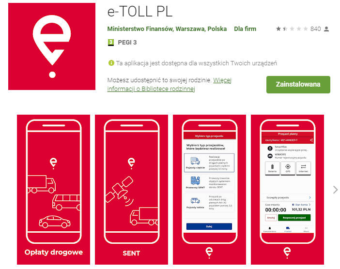 Aplikacja eTOLL PL w sklepie Google Play z niskimi ocenami użytkowników