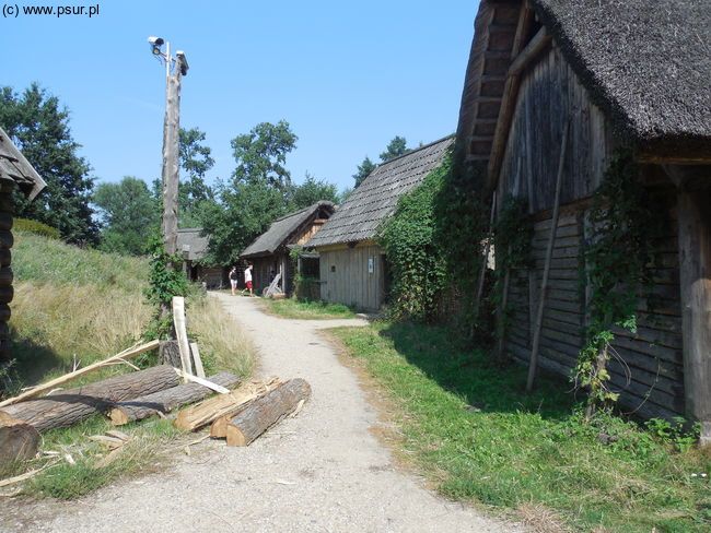 Drewniane chaty przy ścieżce