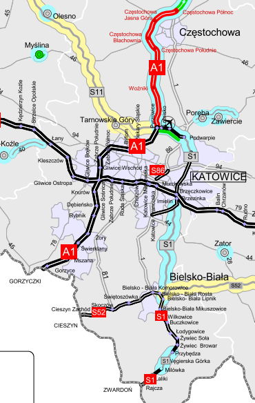 Aktualny stan autostrady A1 na Śląsku - mapka